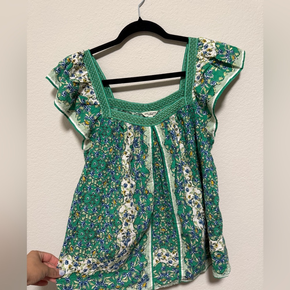 Max Studio Green Floral Square-Neck Blouse